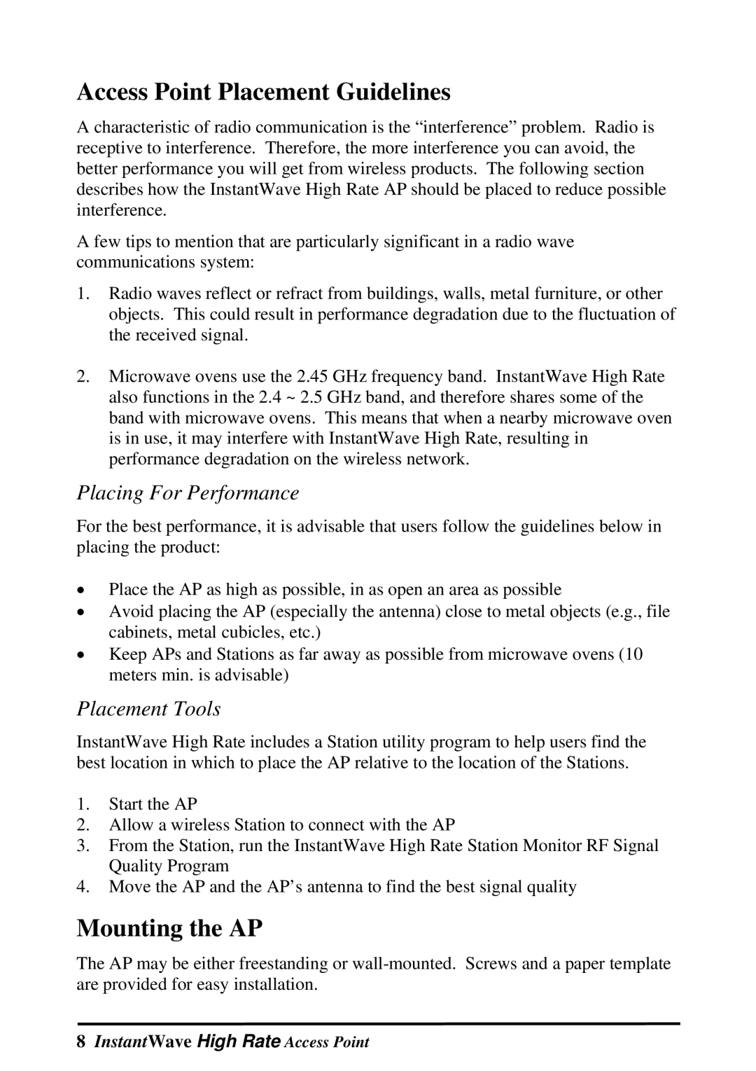 NDC comm Instant Wave manual Access Point Placement Guidelines, Mounting the AP, Placing For Performance, Placement Tools 