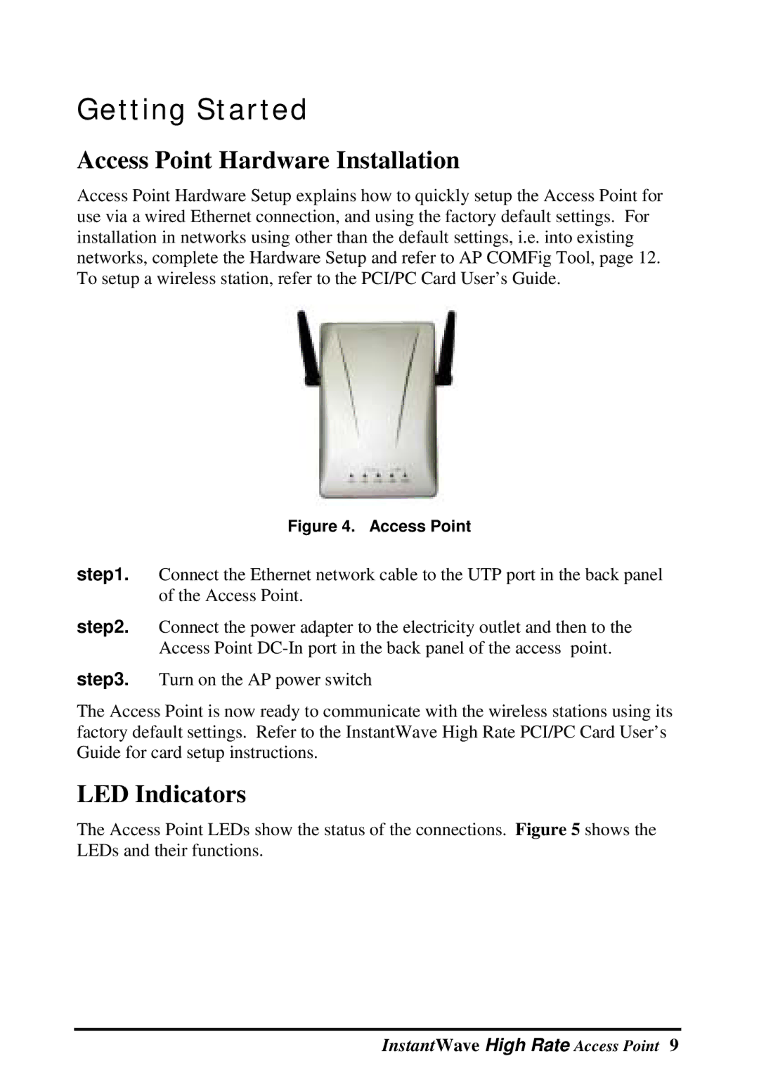 NDC comm Instant Wave manual Getting Started, Access Point Hardware Installation, LED Indicators 