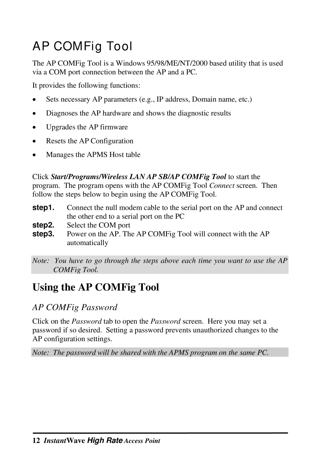 NDC comm Instant Wave manual Using the AP COMFig Tool, AP COMFig Password 