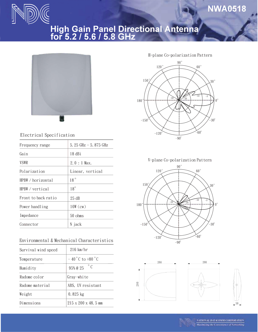 NDC comm NWA0518 dimensions Electrical Specification, Environmental & Mechanical Characteristics 