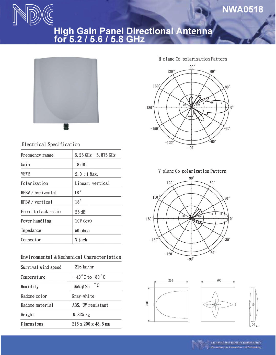 NDC comm NWA0518 dimensions Electrical Specification, Environmental & Mechanical Characteristics 