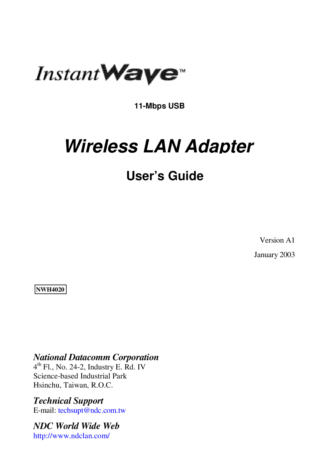 NDC comm NWH4020 manual Wireless LAN Adapter, User’s Guide 