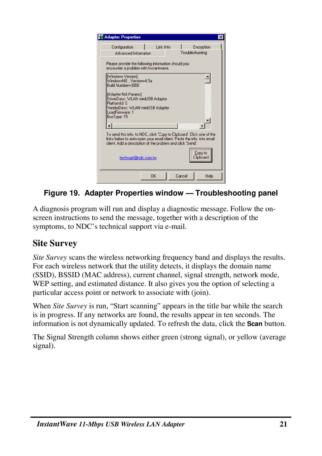 NDC comm NWH4020 manual Site Survey, Adapter Properties window Troubleshooting panel 