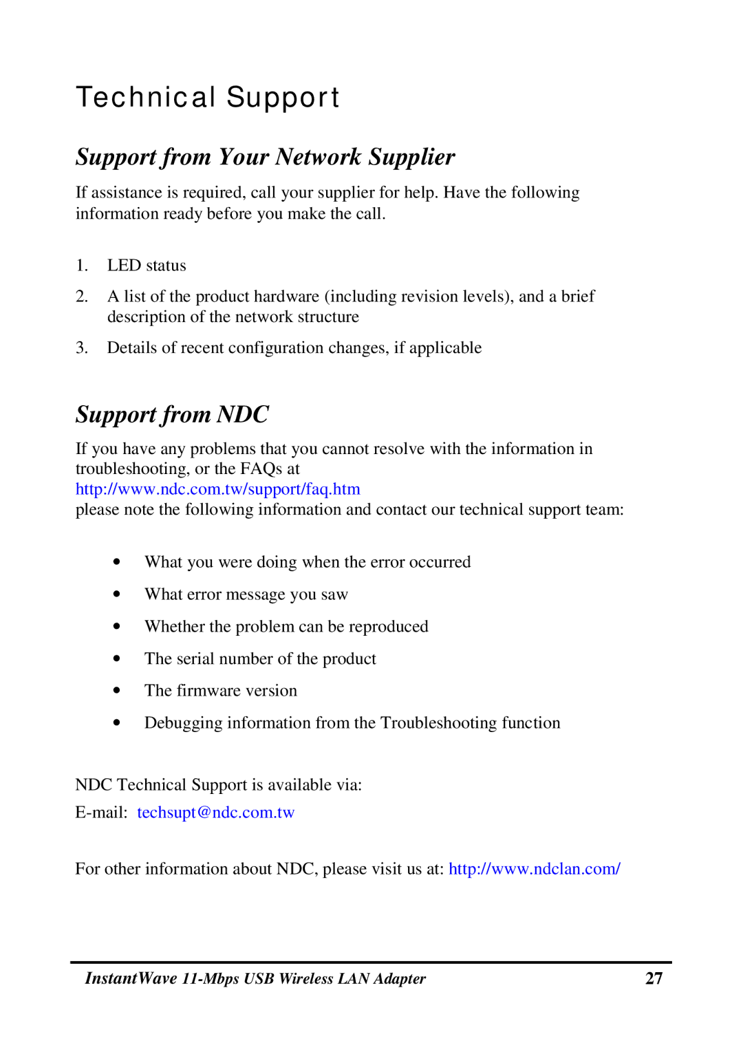 NDC comm NWH4020 manual Technical Support, Support from Your Network Supplier, Support from NDC 