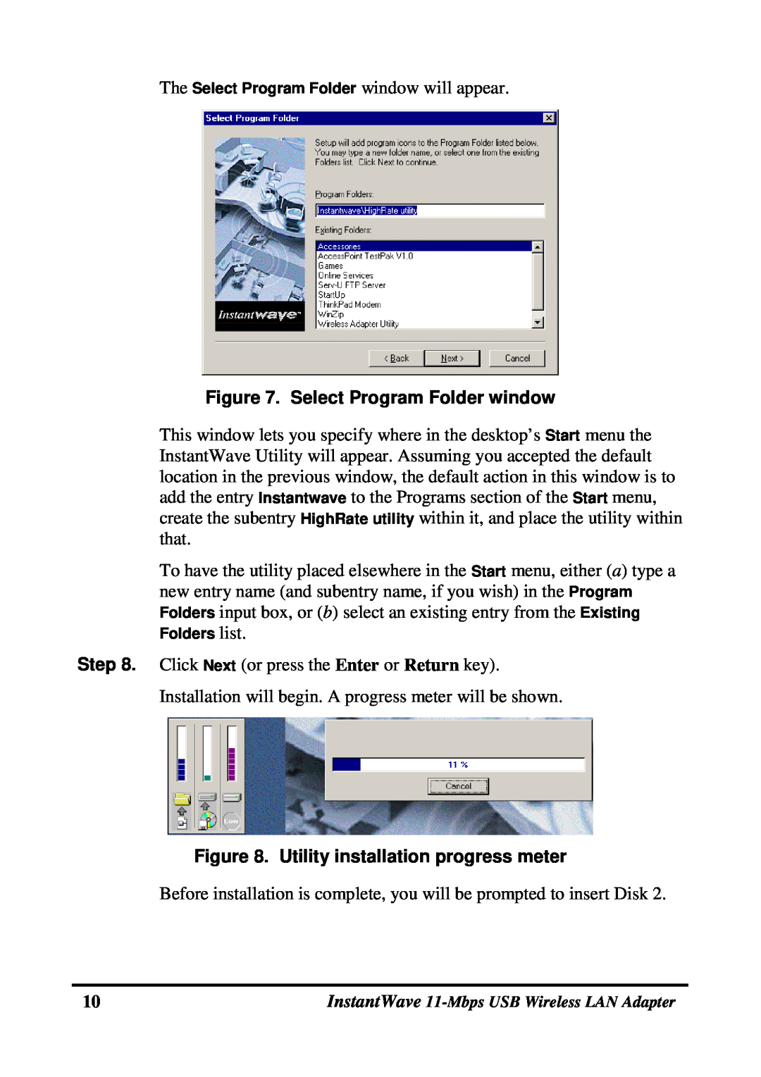 NDC comm NWH4020 manual Select Program Folder window, Utility installation progress meter 