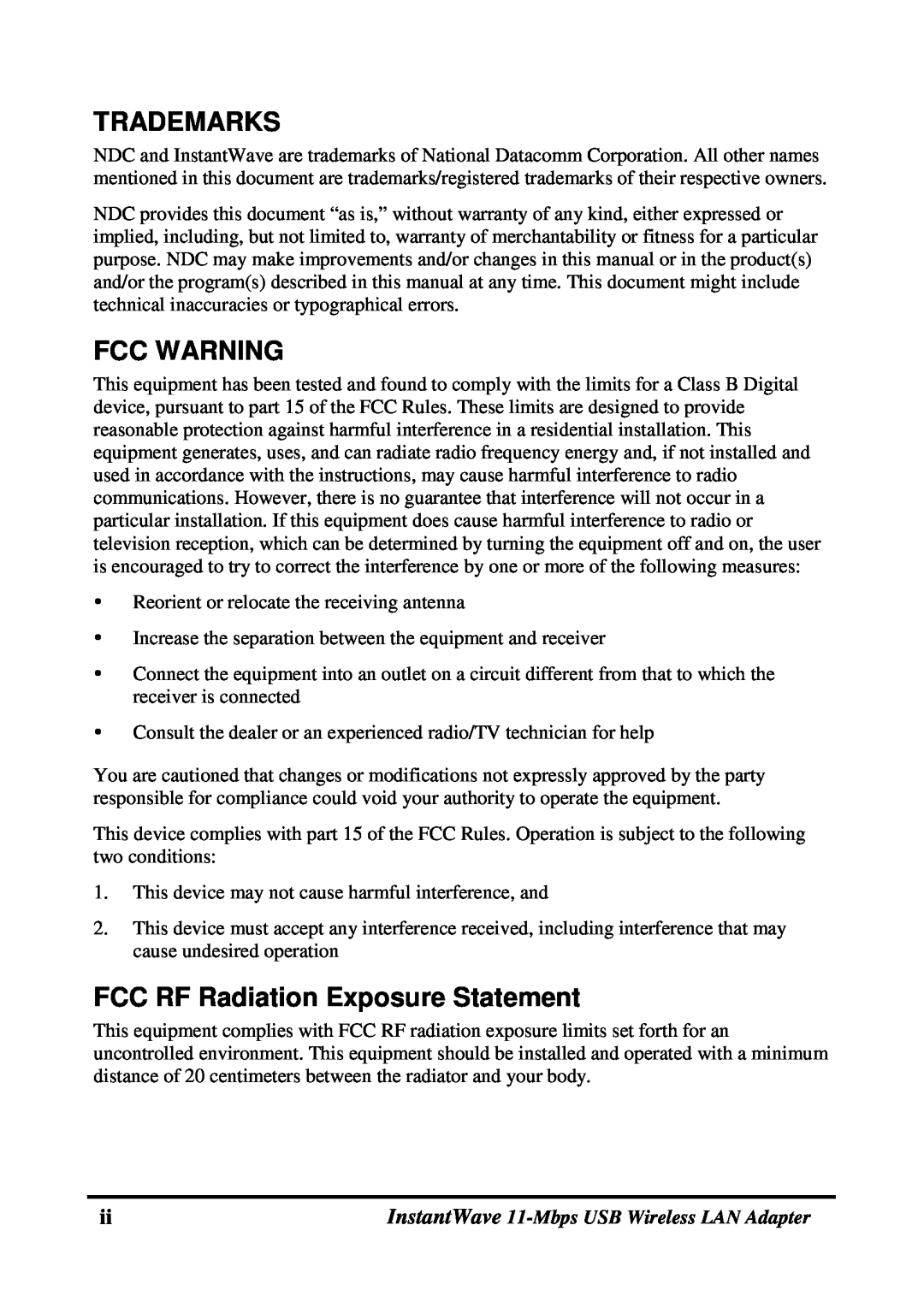 NDC comm NWH4020 manual Trademarks, Fcc Warning, FCC RF Radiation Exposure Statement 
