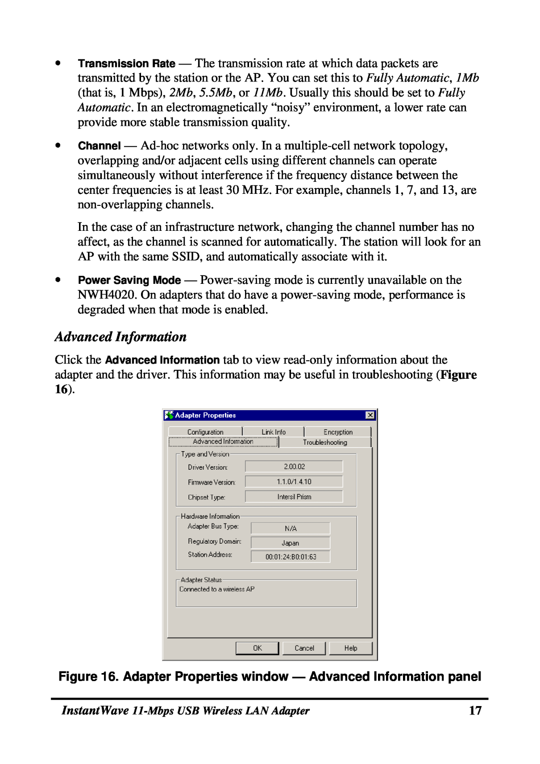 NDC comm NWH4020 manual Adapter Properties window - Advanced Information panel 