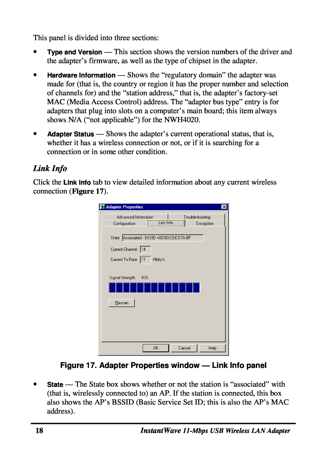 NDC comm NWH4020 manual Adapter Properties window - Link Info panel 