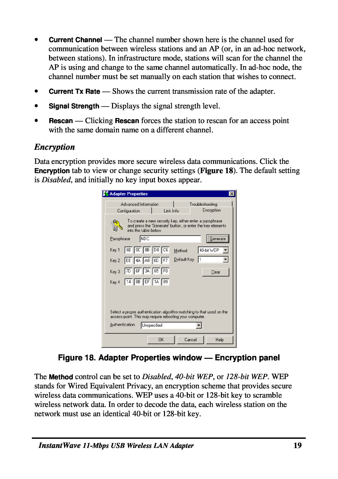 NDC comm NWH4020 manual Adapter Properties window - Encryption panel 