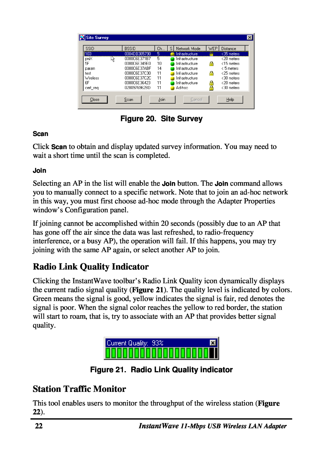 NDC comm NWH4020 manual Radio Link Quality Indicator, Station Traffic Monitor, Site Survey, Radio Link Quality indicator 