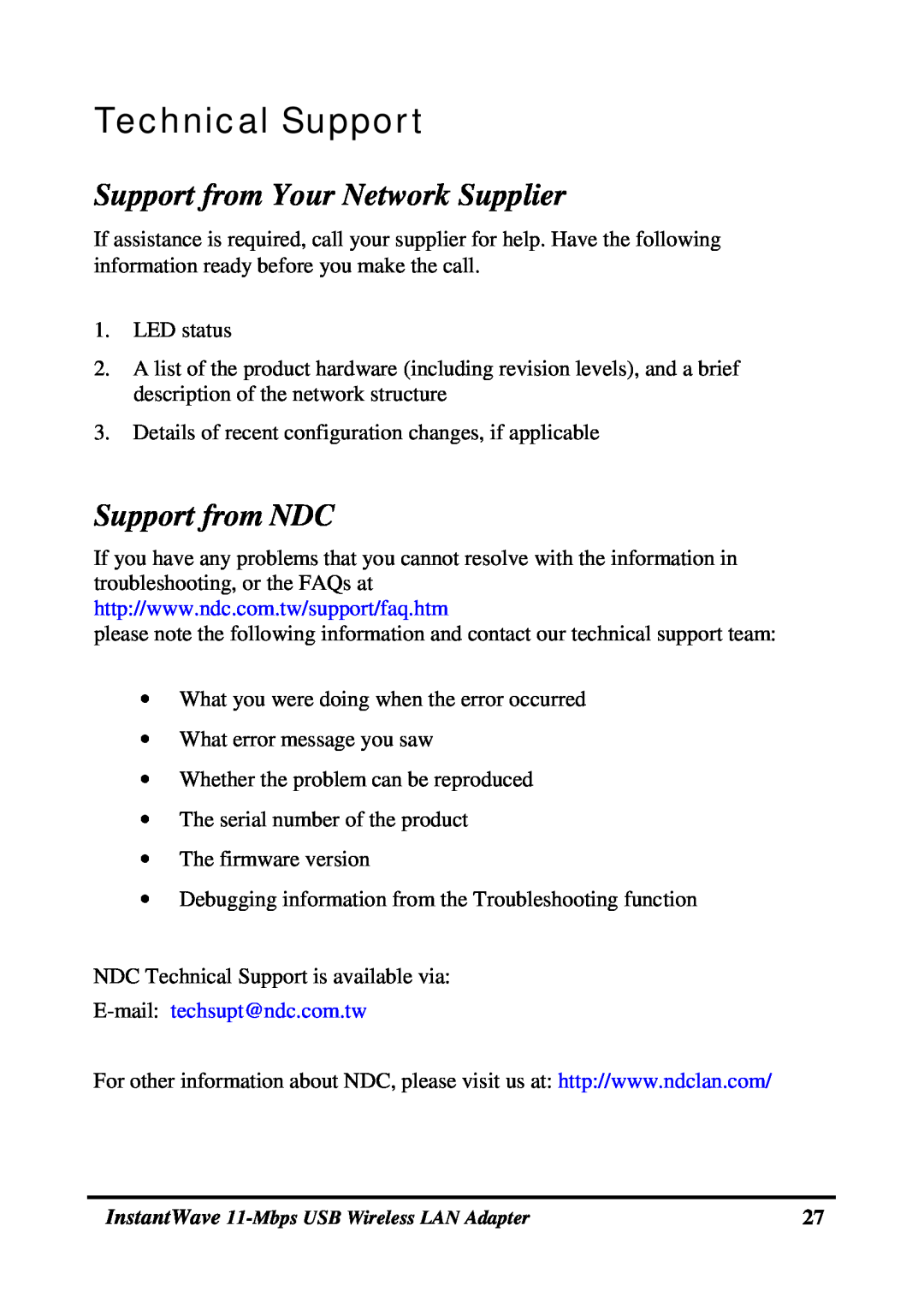 NDC comm NWH4020 manual Technical Support, Support from Your Network Supplier, Support from NDC, E-mail techsupt@ndc.com.tw 