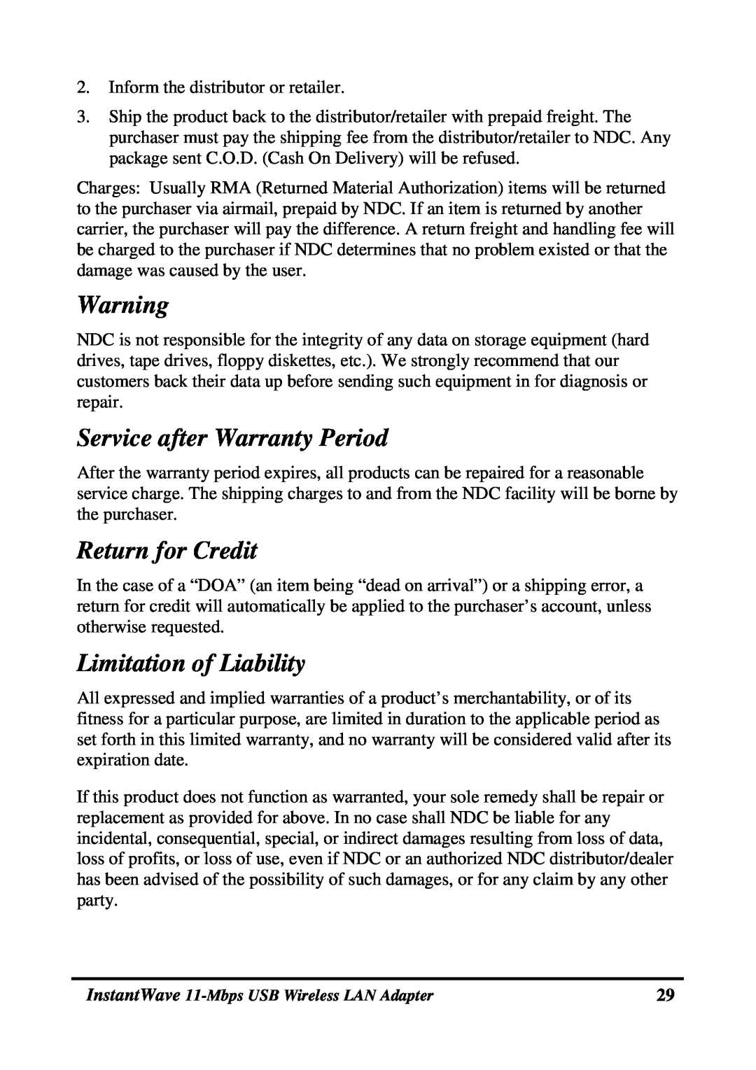 NDC comm NWH4020 manual Service after Warranty Period, Return for Credit, Limitation of Liability 