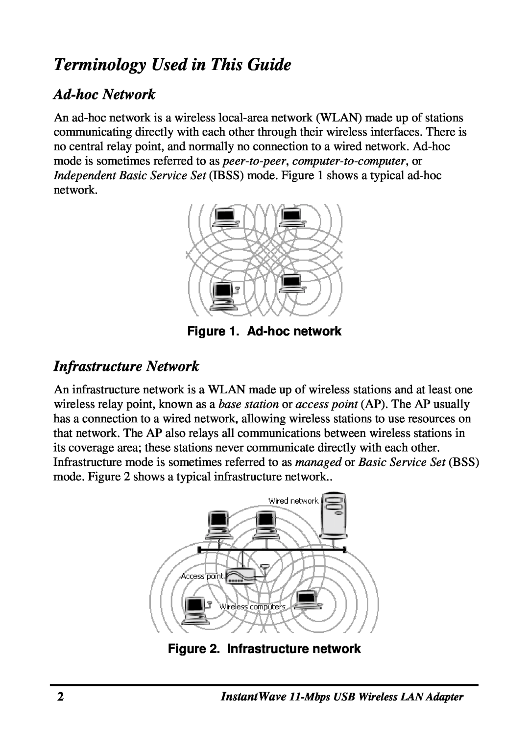 NDC comm NWH4020 manual Terminology Used in This Guide, Ad-hoc Network, Infrastructure Network, Ad-hoc network 