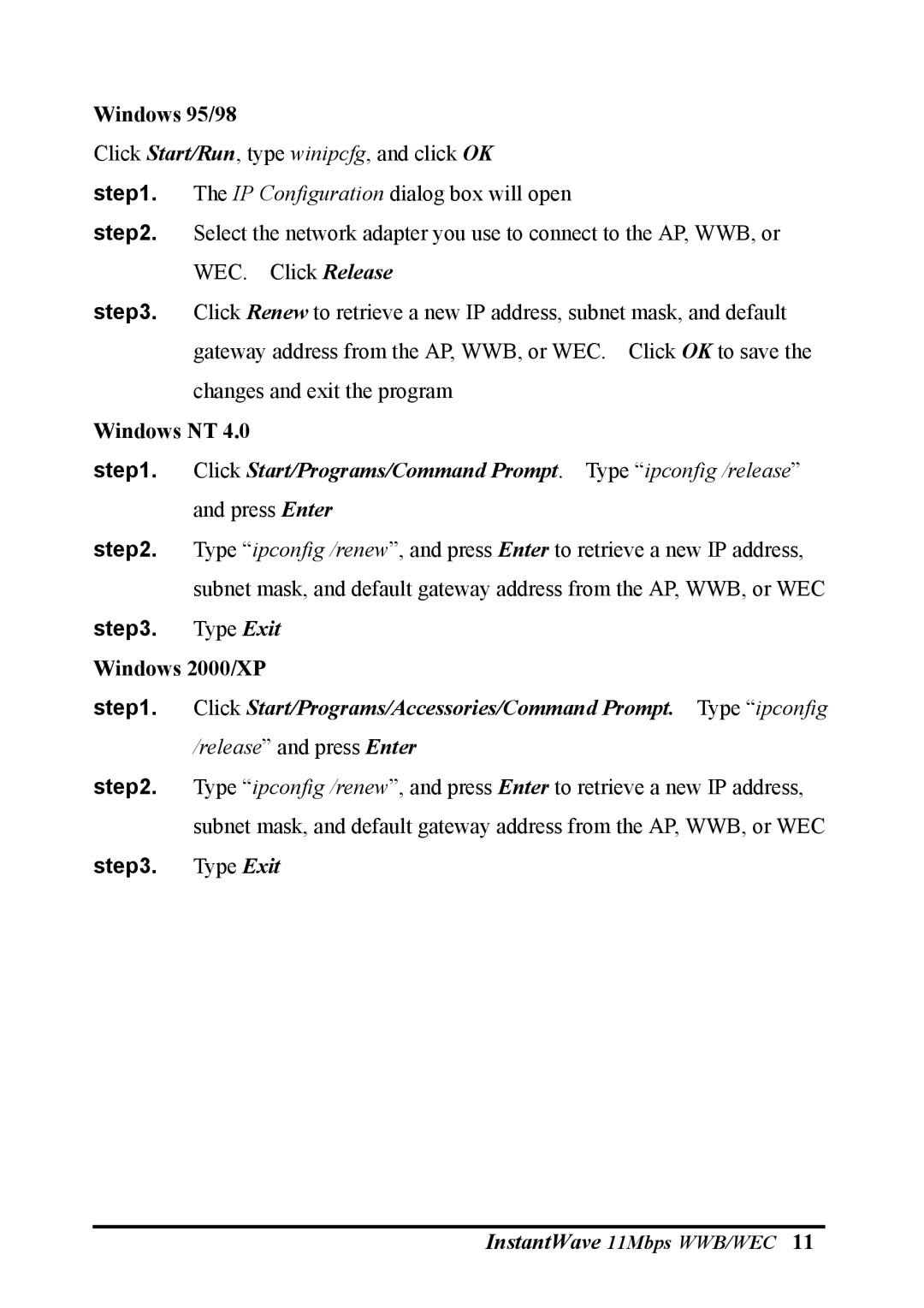 NDC comm NWH2610, NWH6210 manual Windows 95/98, Windows NT, Windows 2000/XP 