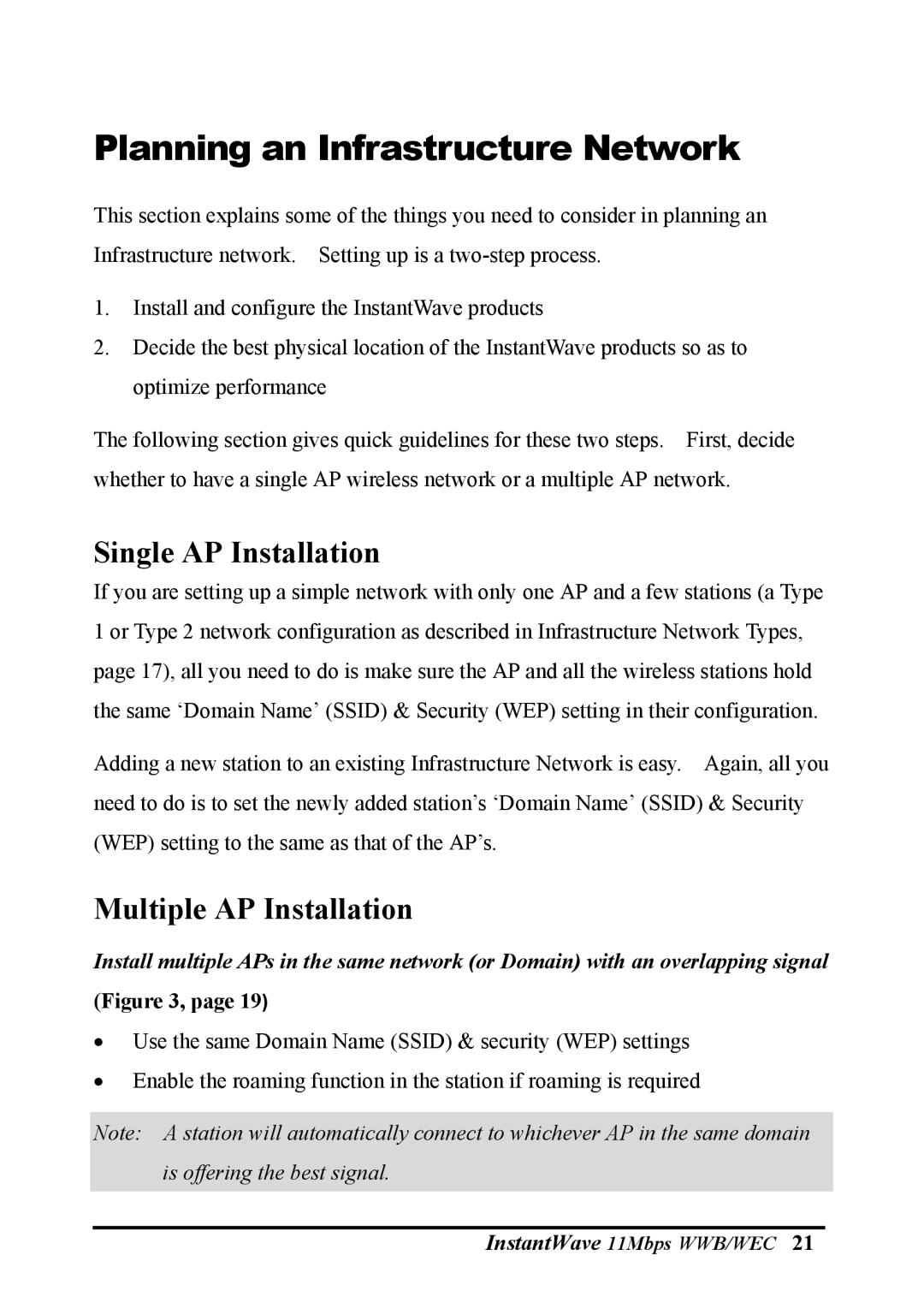 NDC comm NWH2610, NWH6210 manual Planning an Infrastructure Network, Single AP Installation, Multiple AP Installation 