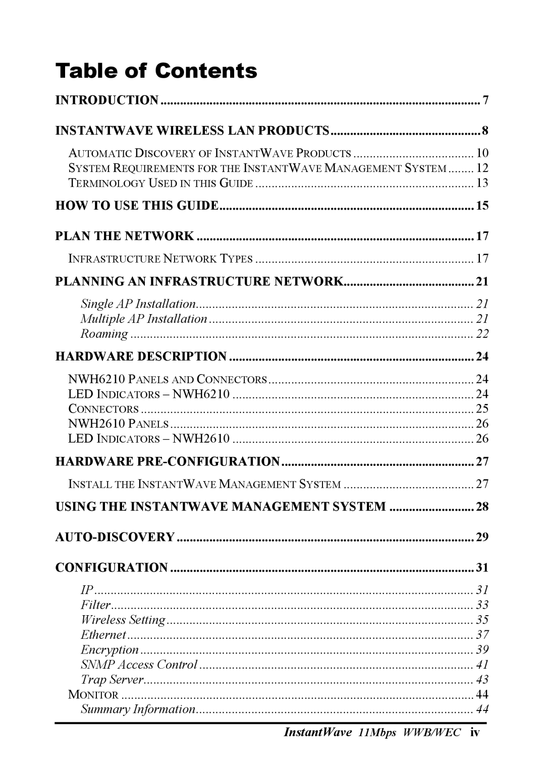 NDC comm NWH6210, NWH2610 manual Table of Contents 