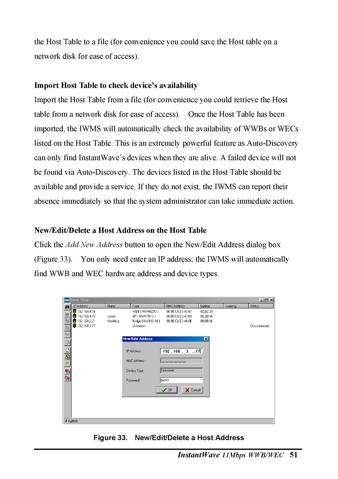 NDC comm NWH2610 manual Import Host Table to check device’s availability, New/Edit/Delete a Host Address on the Host Table 