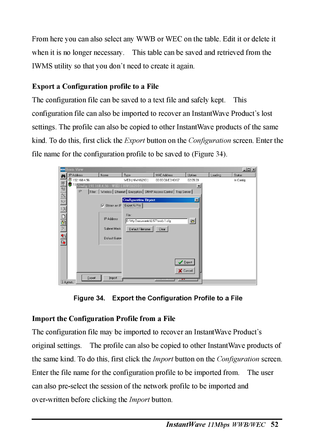 NDC comm NWH6210, NWH2610 manual Export a Configuration profile to a File, Import the Configuration Profile from a File 