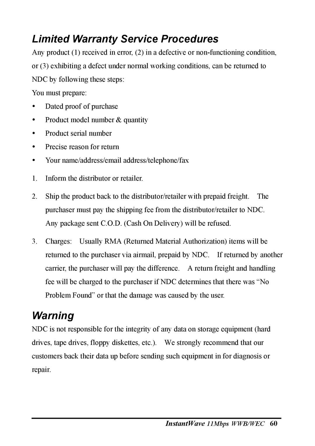 NDC comm NWH6210, NWH2610 manual Limited Warranty Service Procedures 