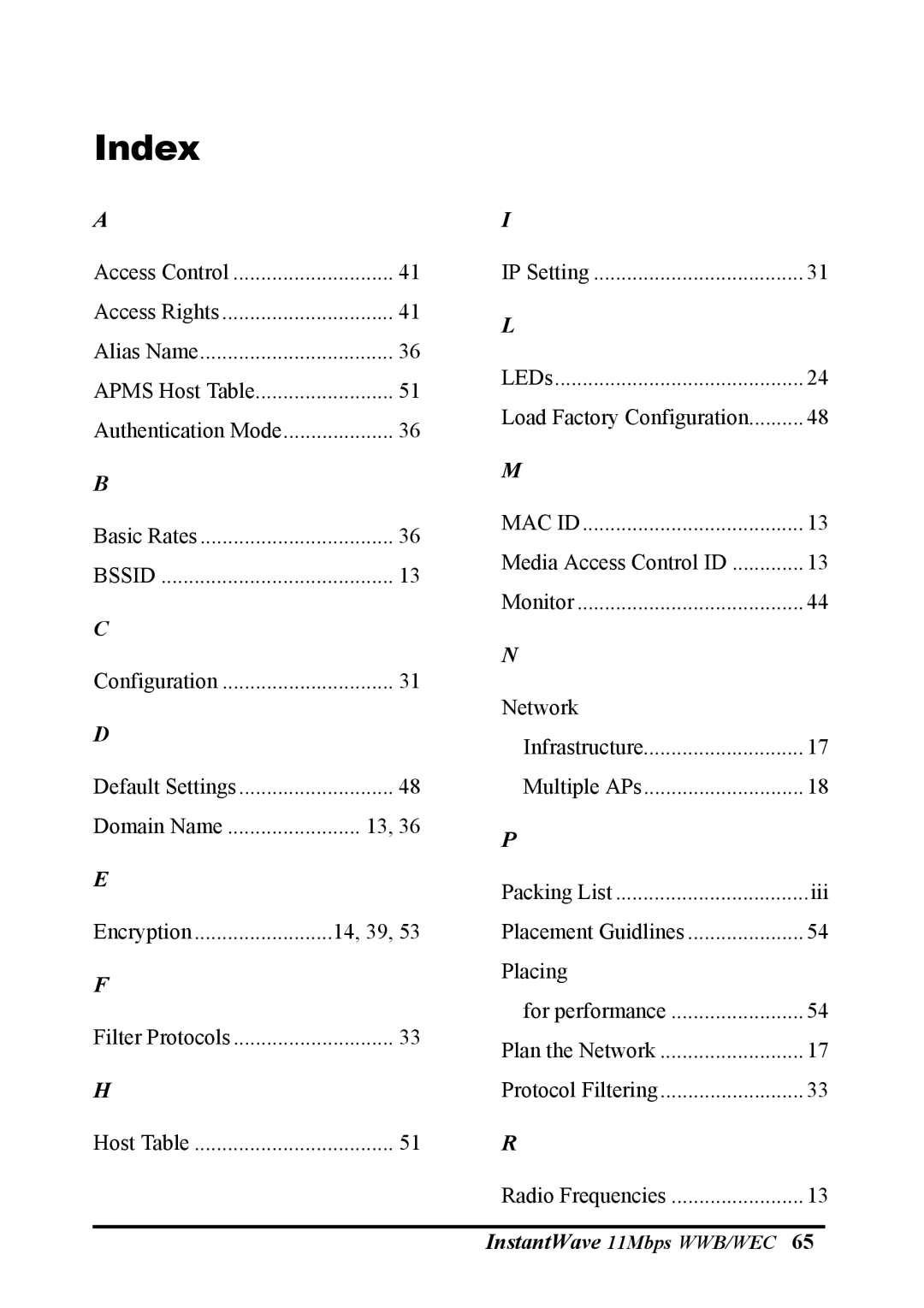 NDC comm NWH2610, NWH6210 manual Index, Mac Id 