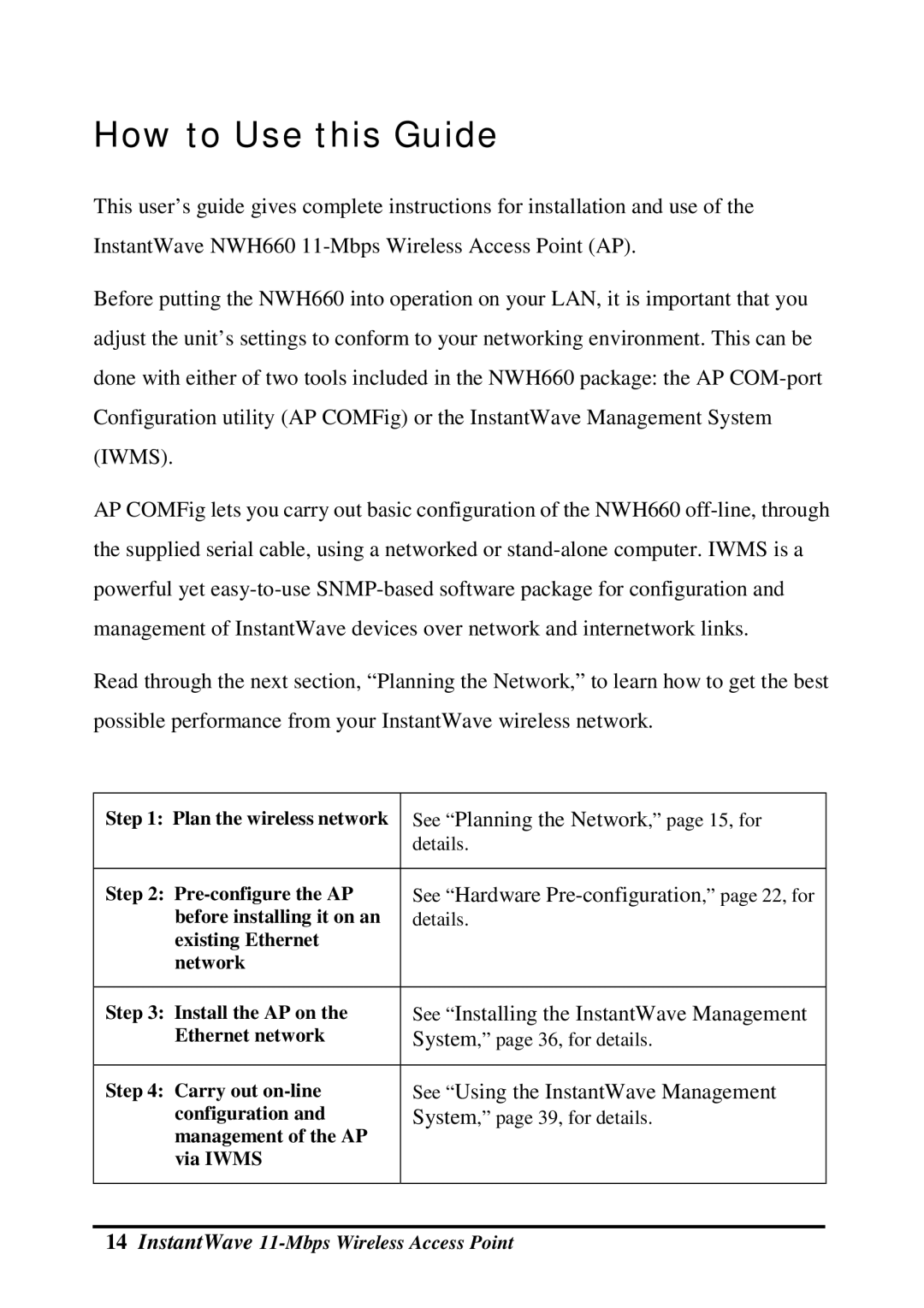 NDC comm NWH660 How to Use this Guide, See Hardware Pre-configuration, page 22, for, See Using the InstantWave Management 