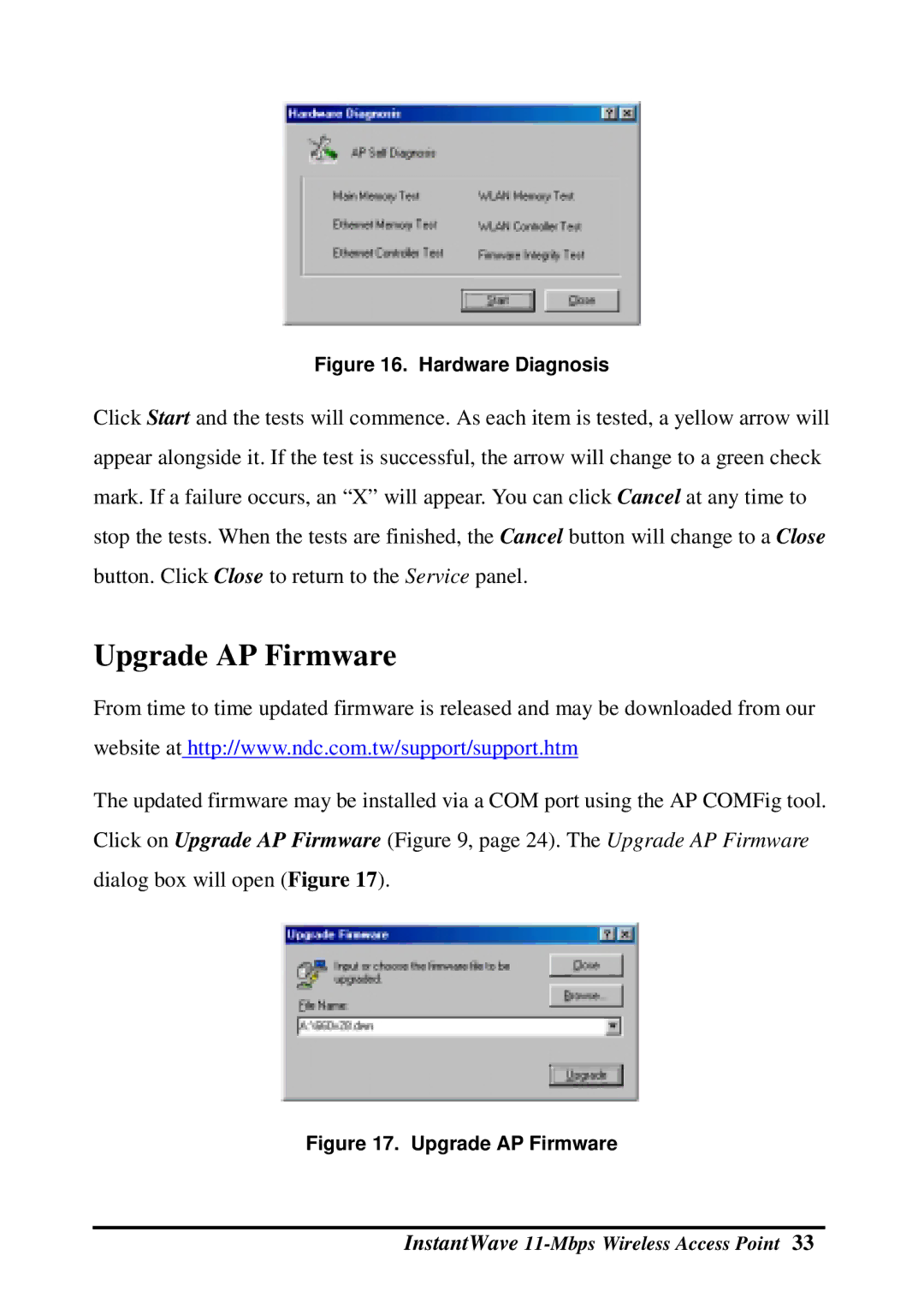 NDC comm NWH660 manual Upgrade AP Firmware, Hardware Diagnosis 