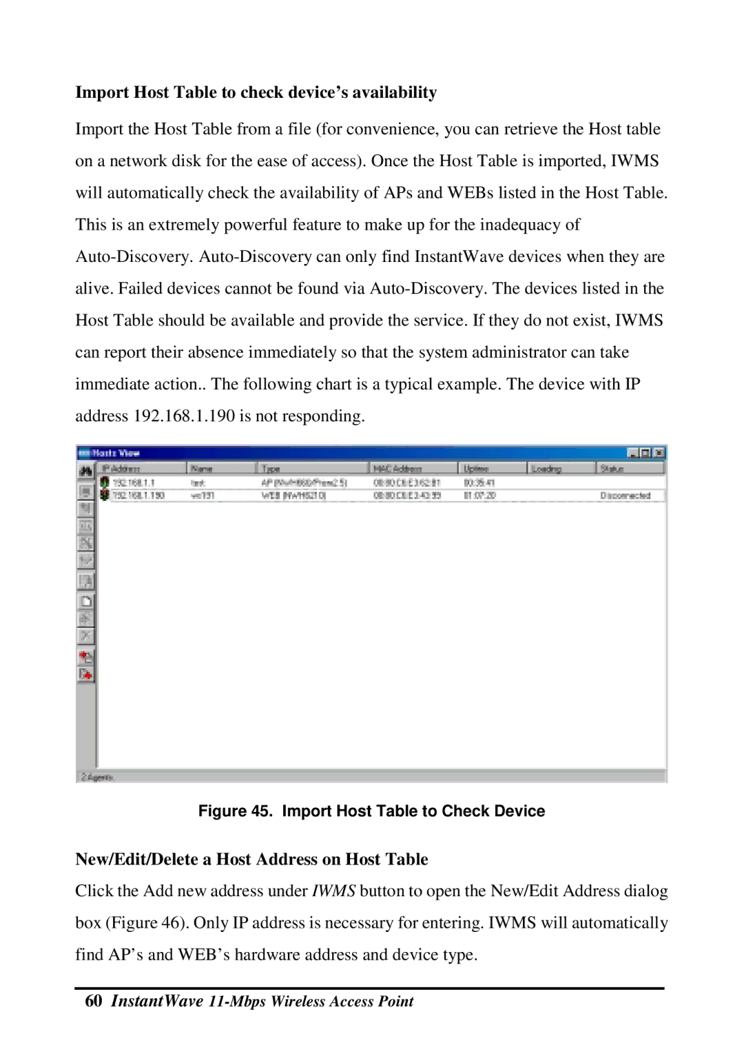 NDC comm NWH660 manual Import Host Table to check device’s availability, New/Edit/Delete a Host Address on Host Table 