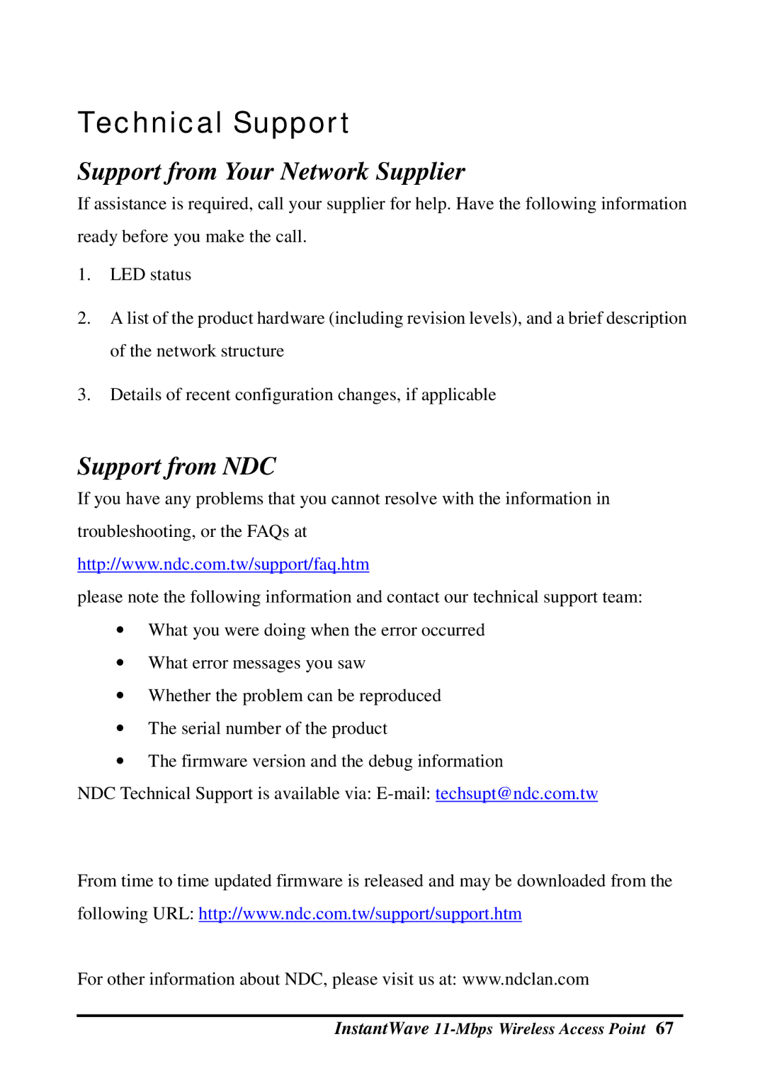 NDC comm NWH660 manual Technical Support, Support from Your Network Supplier 