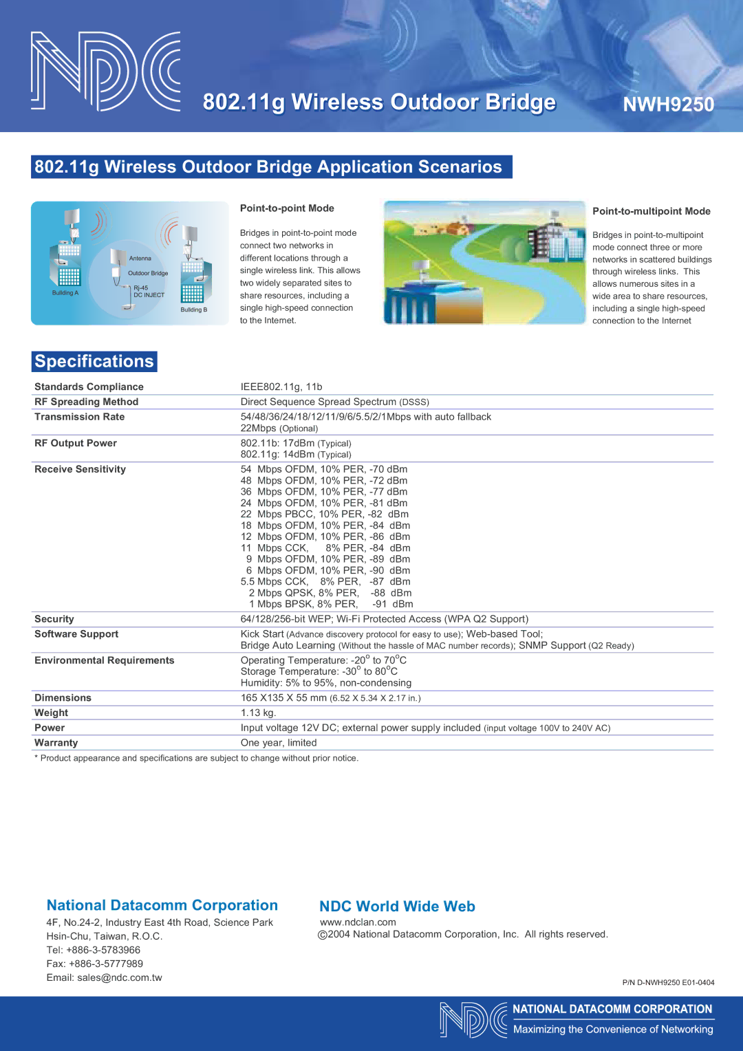 NDC comm NWH9250 manual Ss Outdoor Bridge Application Scenarios, 802.11g Wireless Outdoor Bridge Application Scenarios 