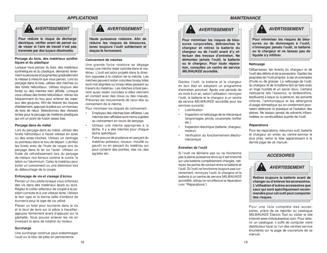 NEC 0612-20 manual Applications Maintenance Avertissement, Accesoires Avertissement 