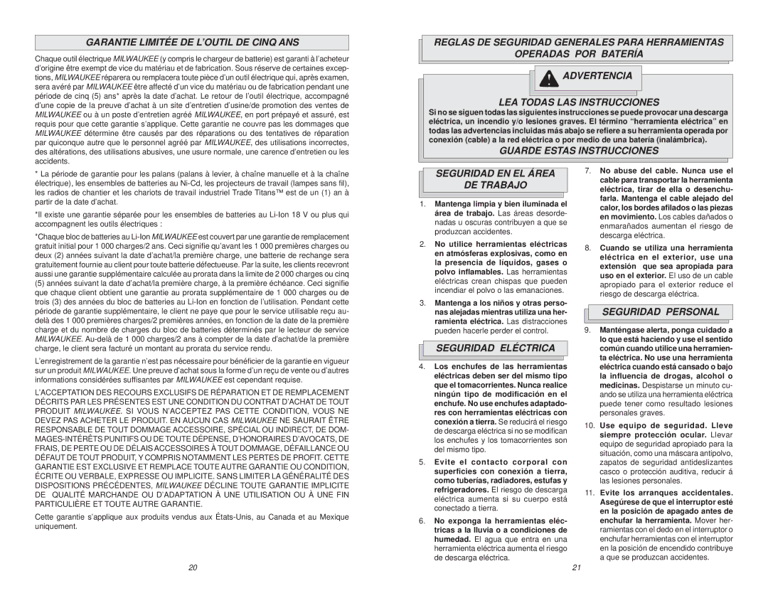 NEC 0612-20 manual Garantie Limitée DE L’OUTIL DE Cinq ANS, Guarde Estas Instrucciones, Seguridad EN EL Área DE Trabajo 