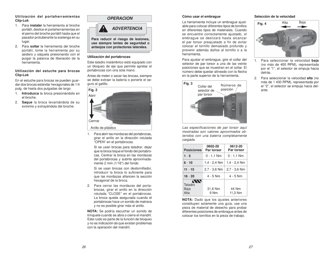 NEC 0612-20 manual Operacion Advertencia 