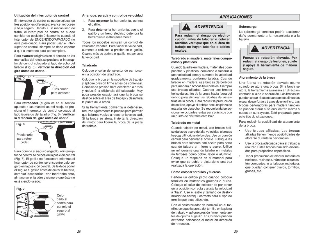 NEC 0612-20 manual Applicaciones, Taladrado en metal, Cómo colocar tornillos y tuercas, Sobrecarga 