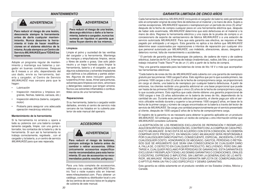 NEC 0612-20 Mantenimiento Garantía Limitada DE Cinco Años Advertencia, Accesorios Advertencia, Limpieza, Reparaciones 