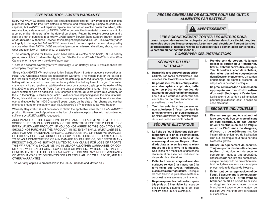 NEC 0612-20 Five Year Tool Limited Warranty, Conserver CES Instructions, Sécurité DU Lieu DE Travail, Sécurité Électrique 