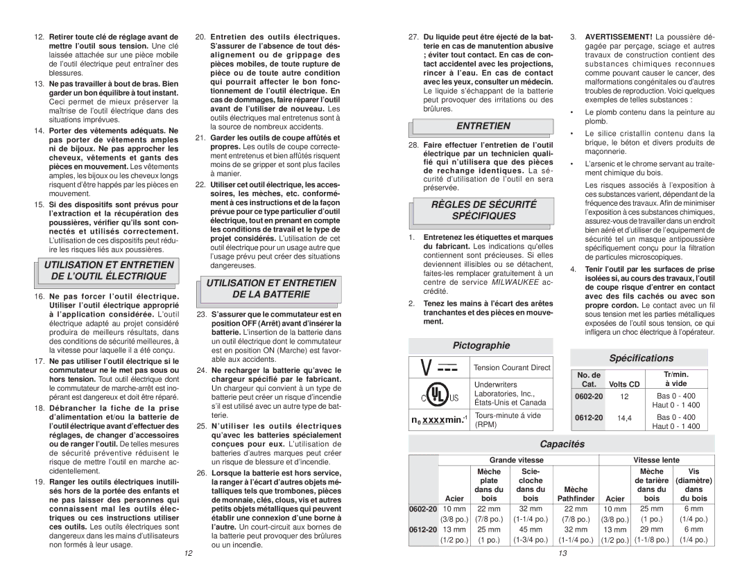 NEC 0612-20 manual Utilisation ET Entretien DE L’OUTIL Électrique, Utilisation ET Entretien DE LA Batterie 