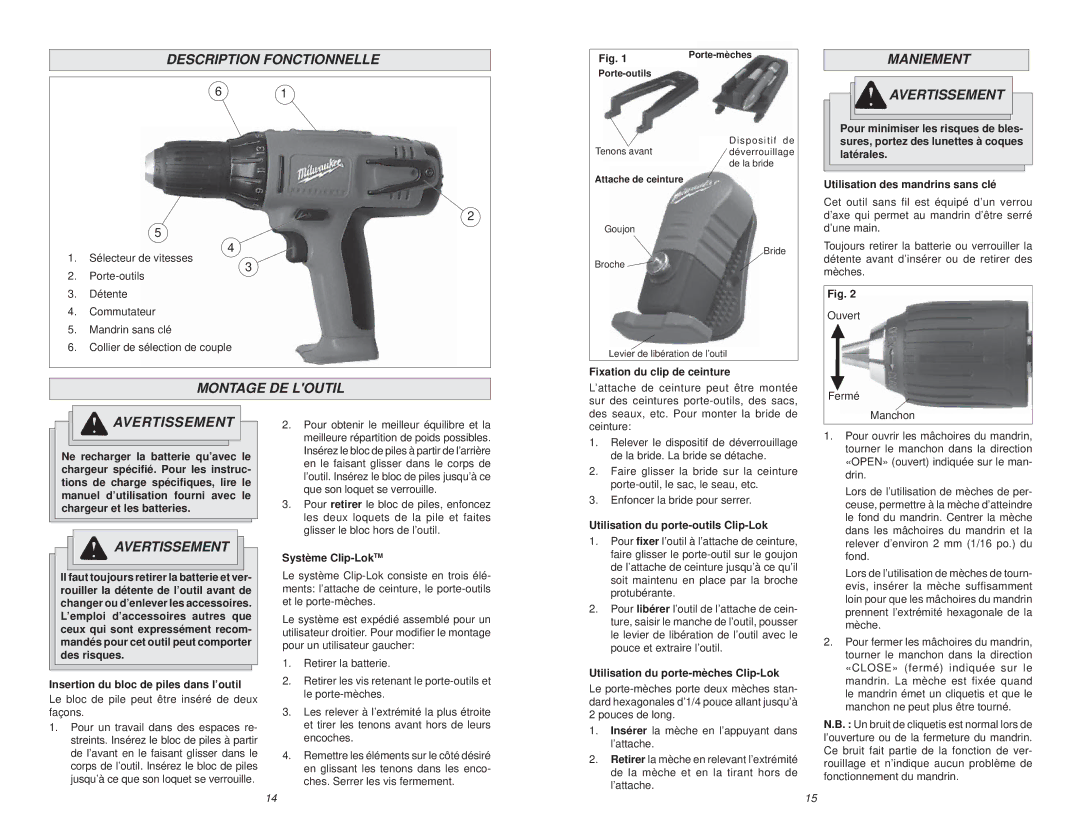 NEC 0612-20 manual Description Fonctionnelle, Maniement Avertissement, Montage DE Loutil 