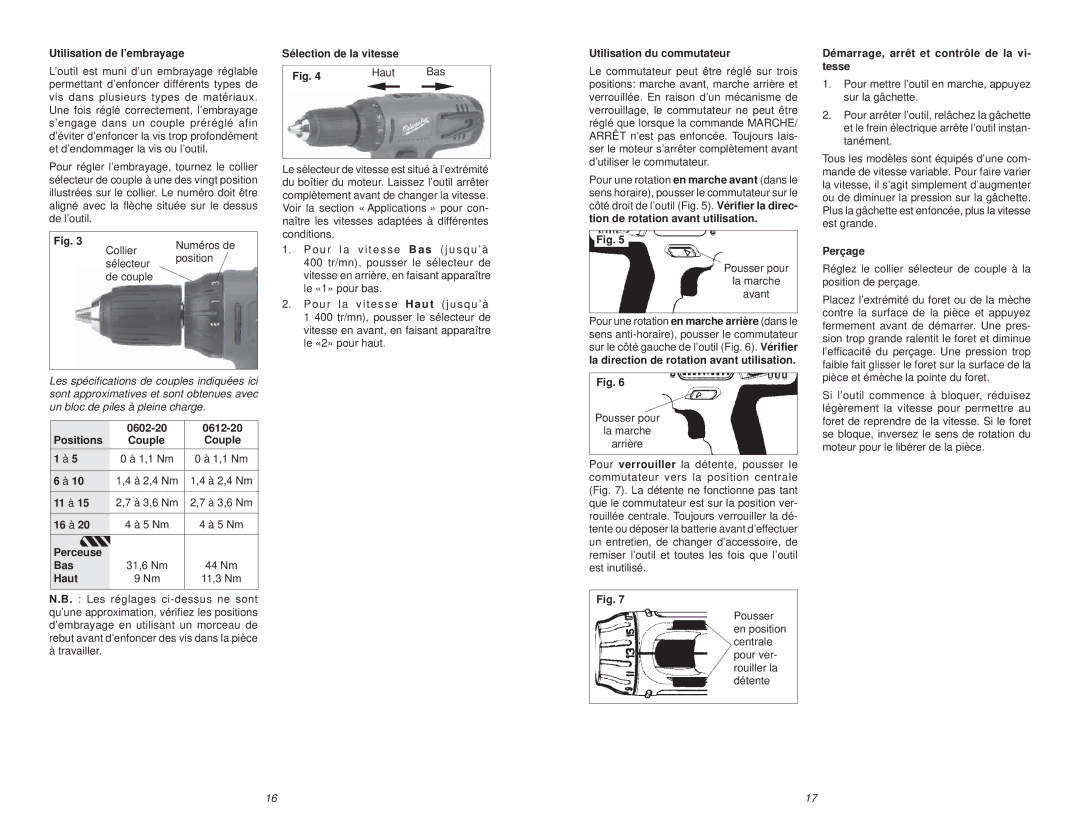 NEC manual Utilisation de l’embrayage, Positions 0602-20 0612-20, 11 à, 16 à Perceuse, Bas Haut, Sélection de la vitesse 