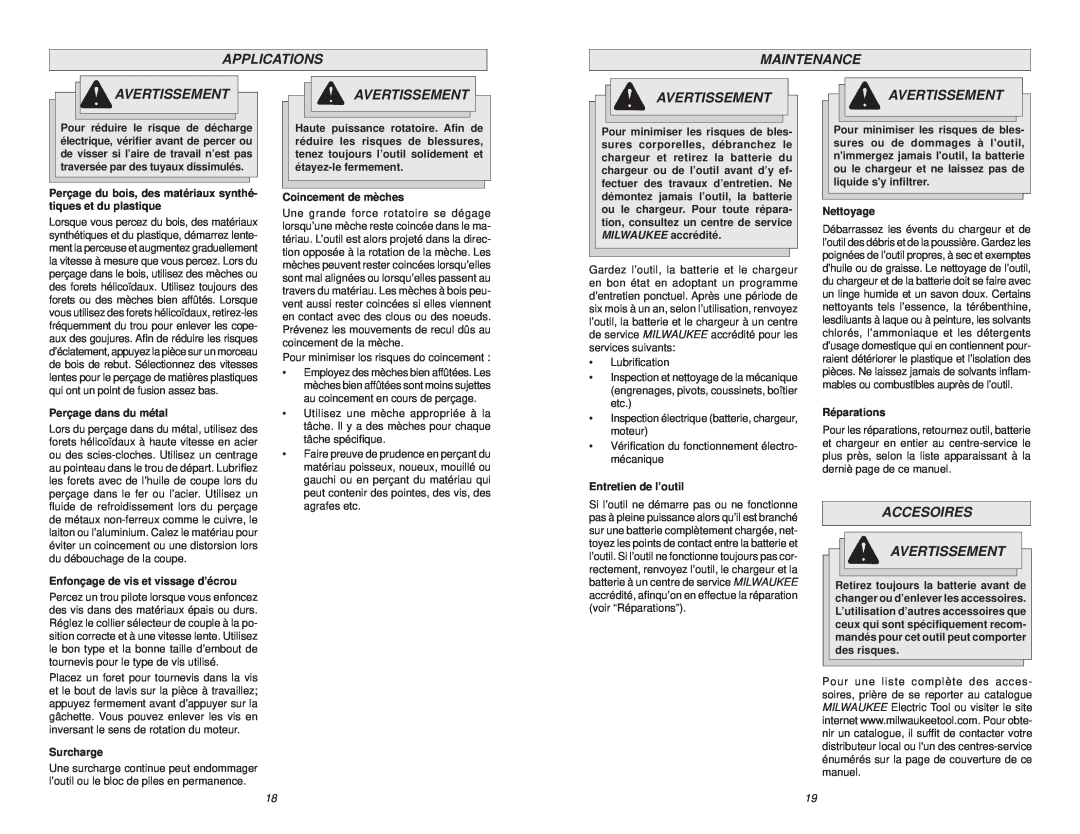 NEC 0612-20 manual Accesoires Avertissement, Applications, Maintenance 