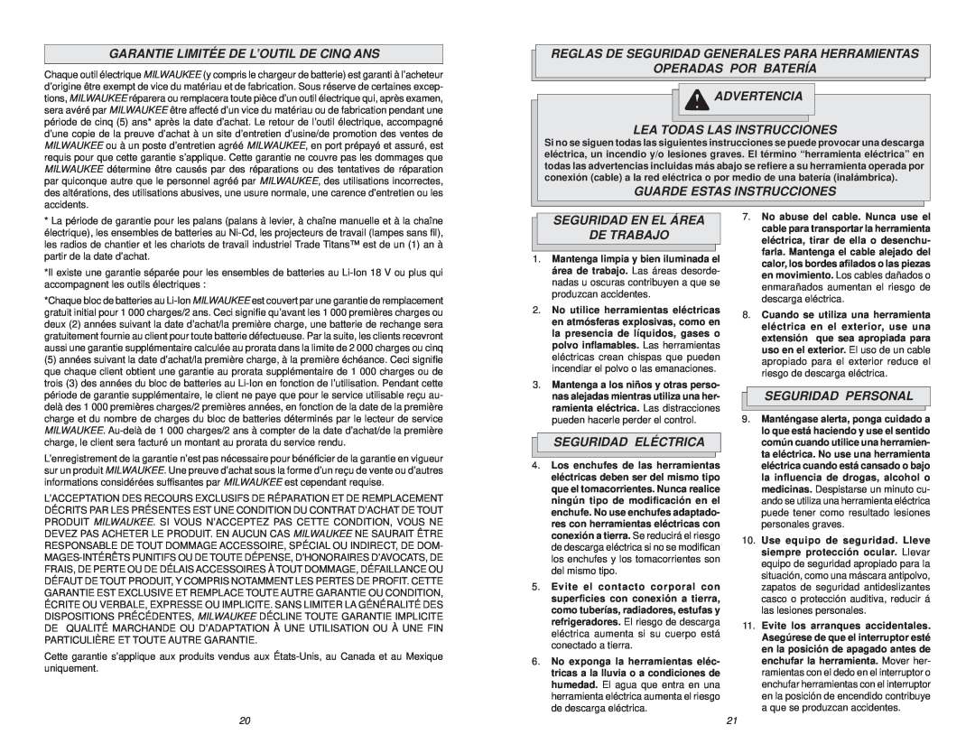 NEC 0612-20 Garantie Limitée De L’Outil De Cinq Ans, Reglas De Seguridad Generales Para Herramientas Operadas Por Batería 