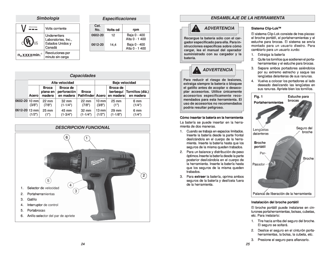 NEC 0612-20 manual SimbologíaEspeciﬁcaciones, Ensamblaje De La Herramienta, Capacidades, Descripcion Funcional, Advertencia 