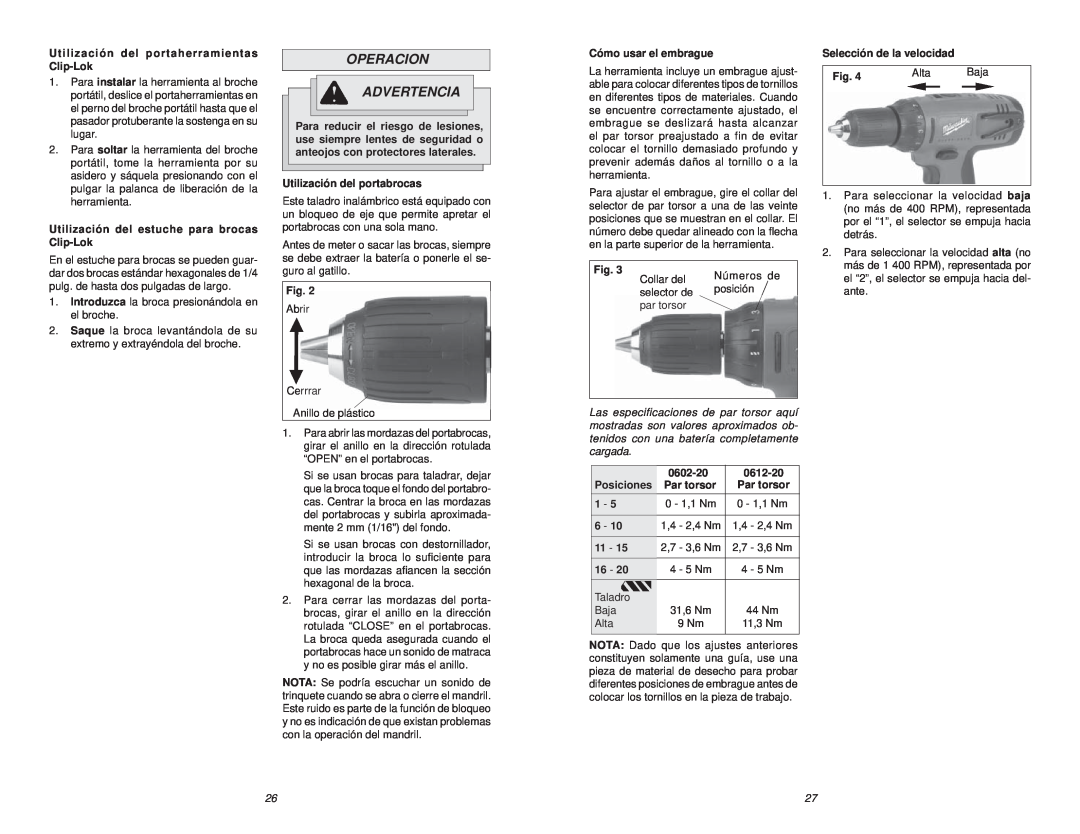NEC 0612-20 manual Operacion Advertencia 