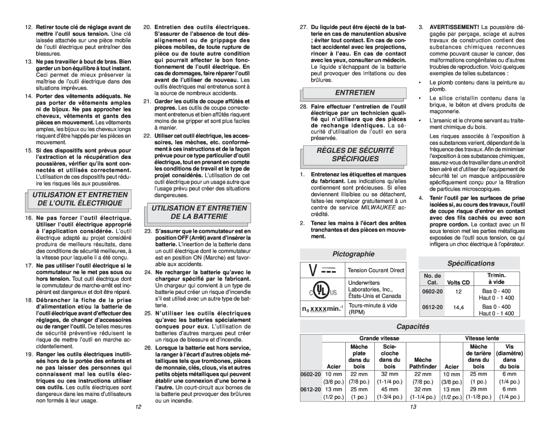 NEC 0612-20 manual Utilisation Et Entretien De L’Outil Électrique, Utilisation Et Entretien De La Batterie, Pictographie 