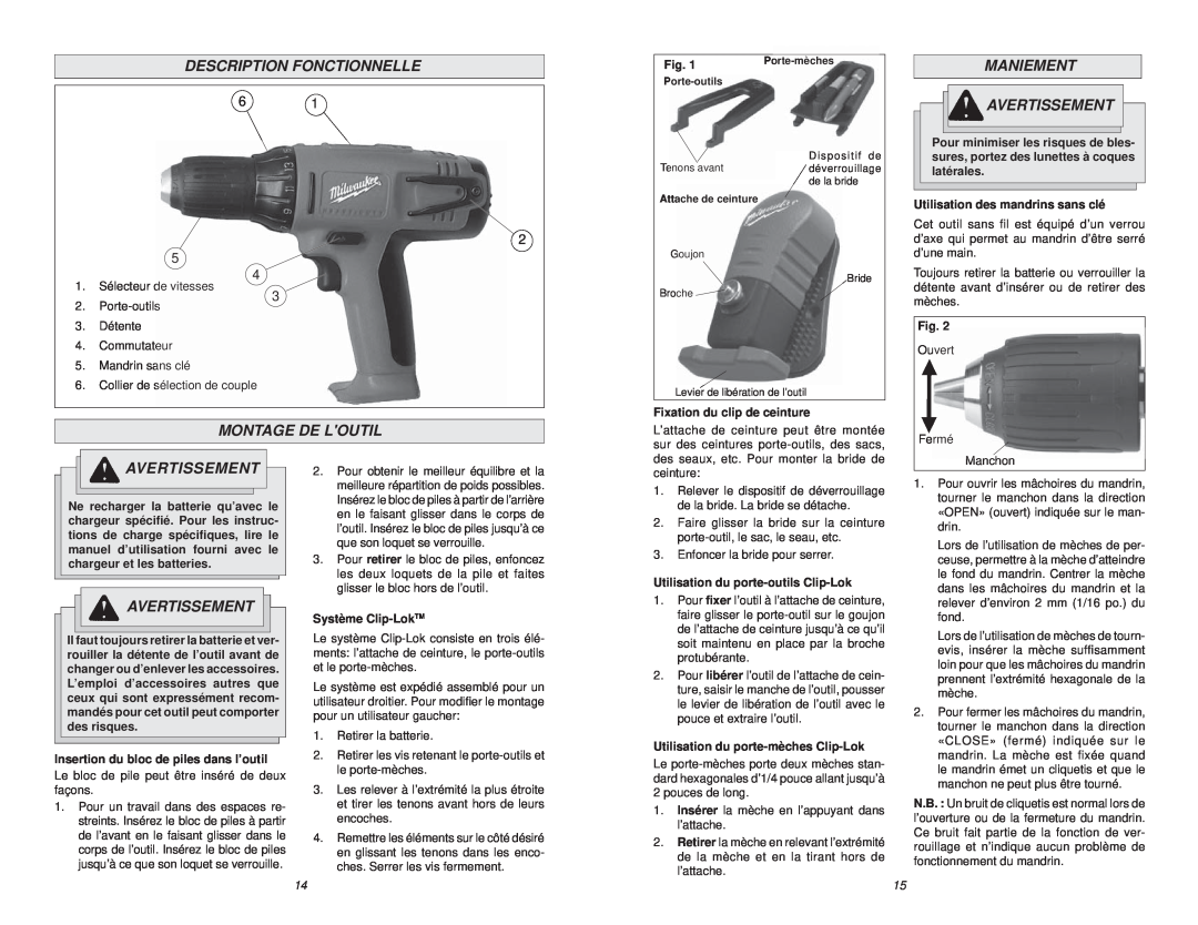 NEC 0612-20 manual Description Fonctionnelle, Maniement Avertissement, Montage De Loutil 