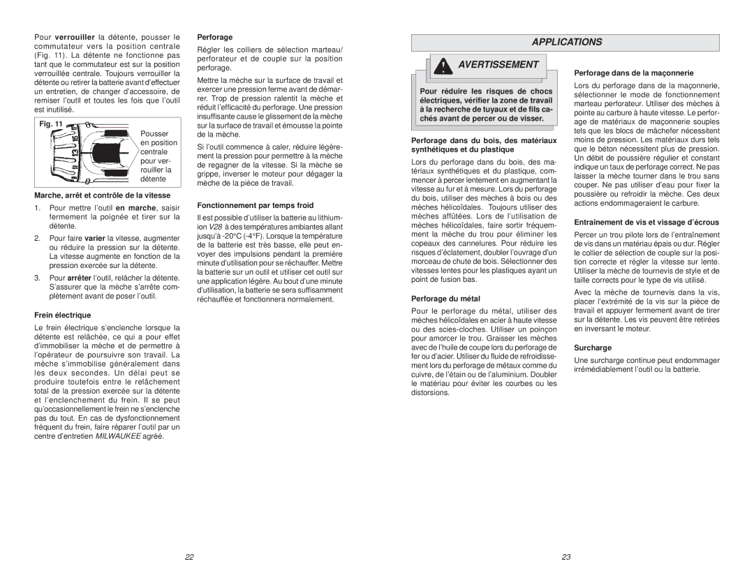 NEC 0724-20 manual Perforage, Marche, arrêt et contrôle de la vitesse, Frein électrique, Fonctionnement par temps froid 