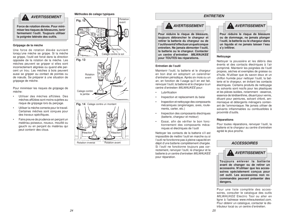 NEC 0724-20 manual Accessoires Avertissement, Méthodes de calage typiques, Grippage de la mèche, Entretien de l’outil 