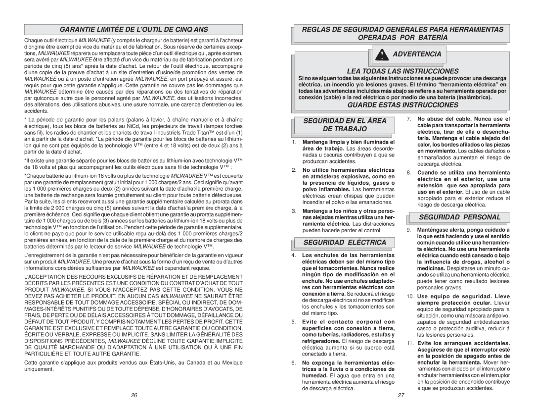 NEC 0724-20 manual Garantie Limitée DE L’OUTIL DE Cinq ANS, Guarde Estas Instrucciones, Seguridad EN EL Área DE Trabajo 