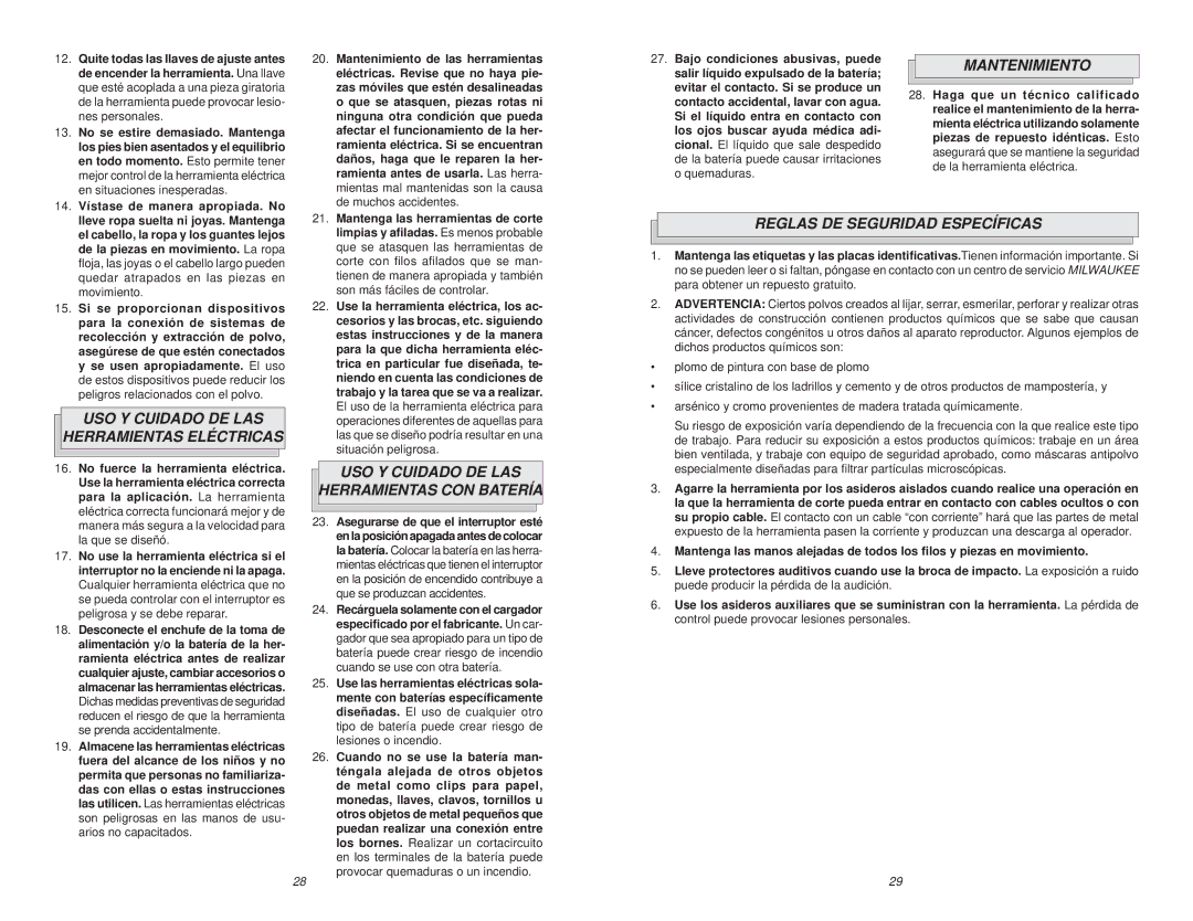 NEC 0724-20 manual Mantenimiento, USO Y Cuidado DE LAS Herramientas Eléctricas, Reglas DE Seguridad Específicas 