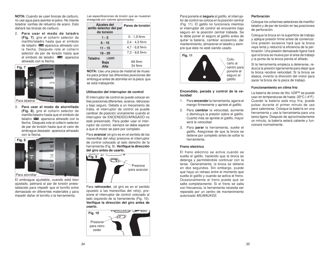 NEC 0724-20 manual Ajustes del, Taladro 68 Nm Baja Alta 34 Nm, Utilización del interruptor de control, Freno eléctrico 