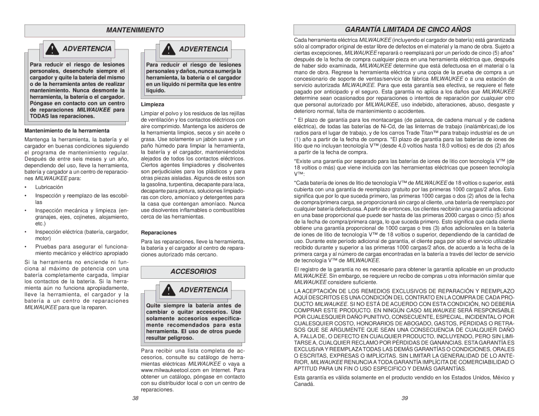 NEC 0724-20 manual Mantenimiento Garantía Limitada DE Cinco Años Advertencia, Accesorios Advertencia, Reparaciones 